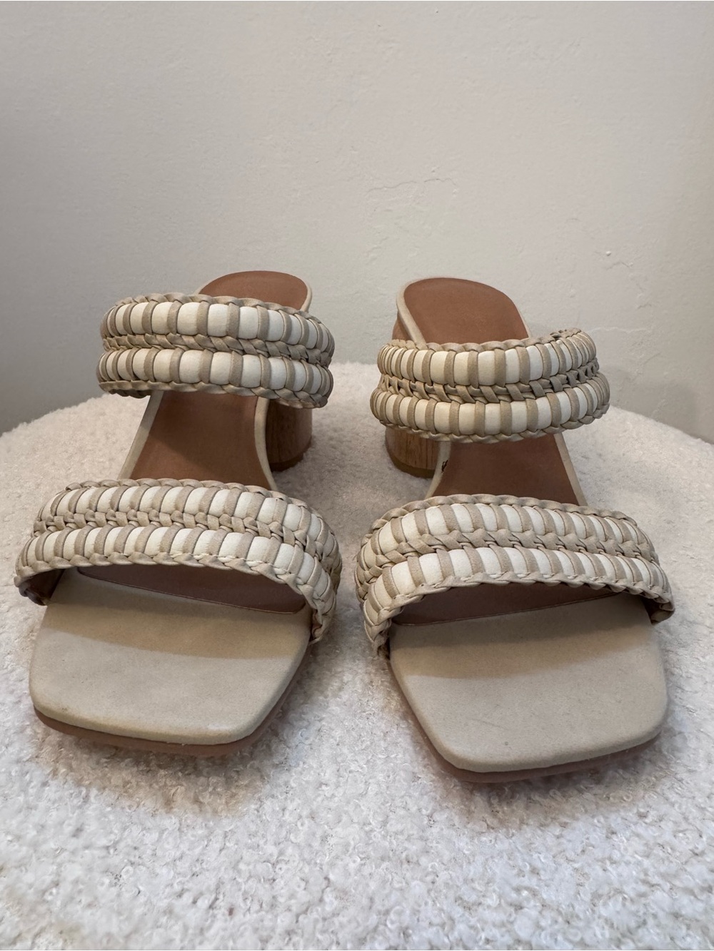 Braided Double-Strap Slip-On Heels in Cream